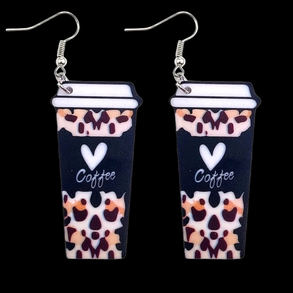 Leopard Coffee Heart Cup Earrings - Picture 4 of 11